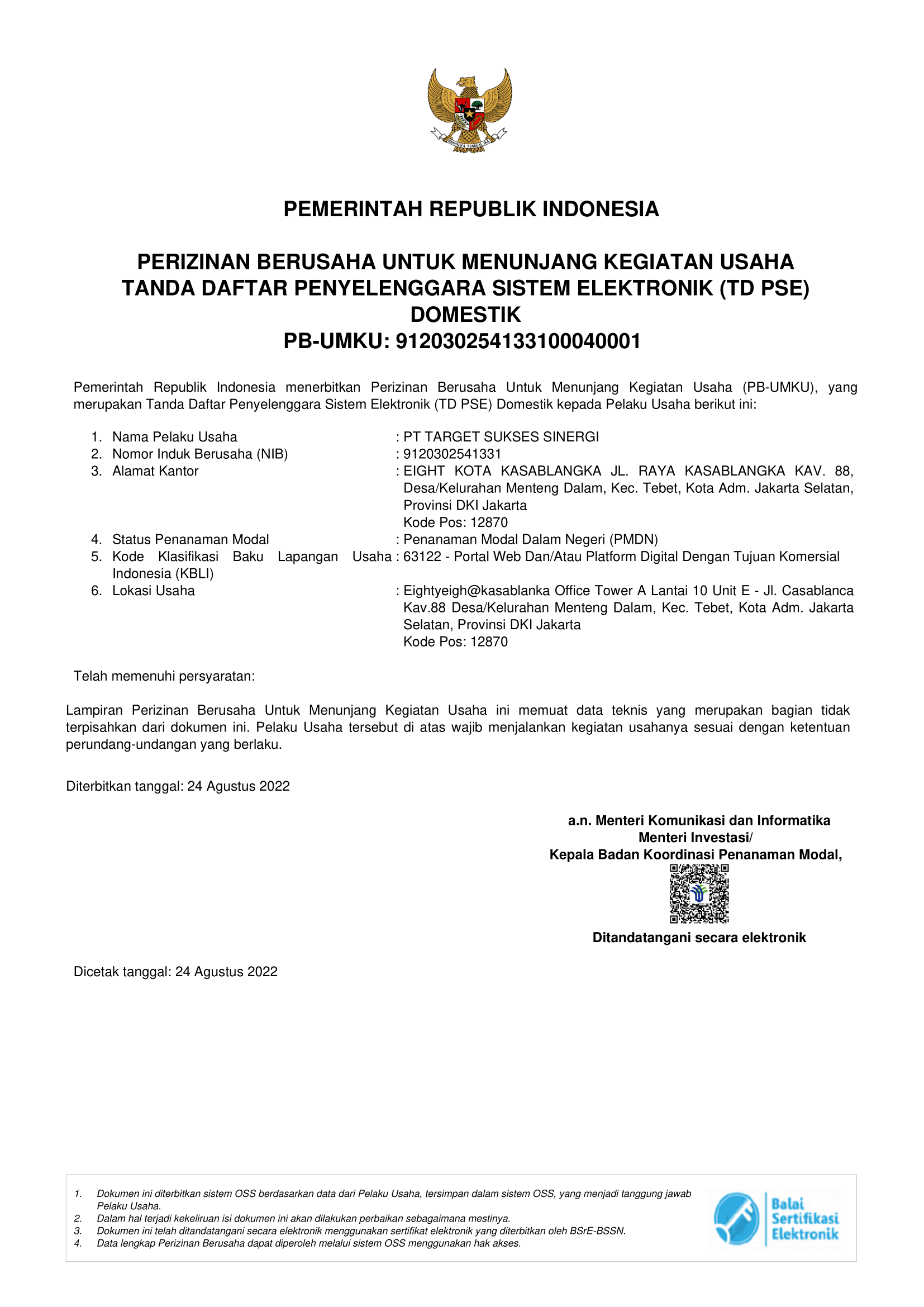 MTARGET terdaftar di PSE Kominfo.
